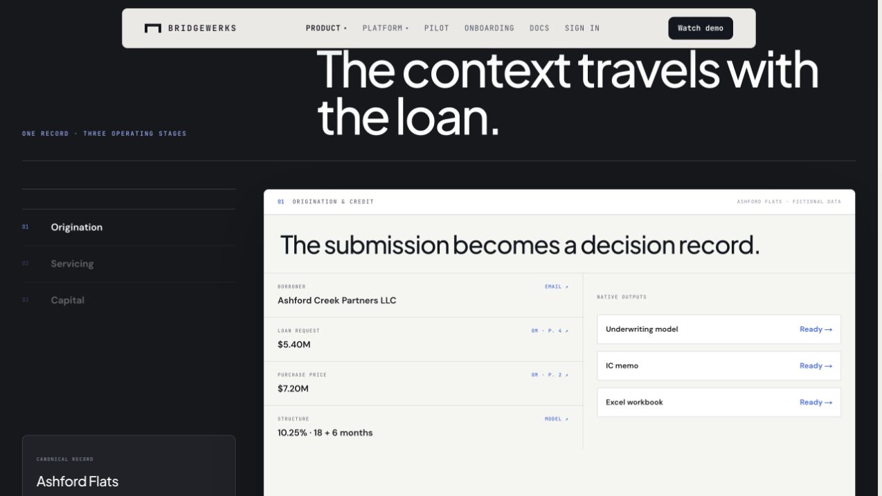 Bridgewerks product interface with a fictional loan submission and decision record